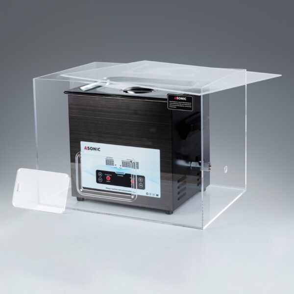 Open silent box showing a 10L ASONIC ultrasonic cleaner designed for quiet professional cleaning.