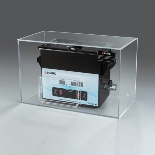 ASONIC-MED-30-40khz-silentbox1-scaled ASONIC 3L ultrasonic cleaner placed inside a silent box to reduce operational sound during cleaning.