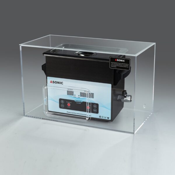 ASONIC 3L ultrasonic cleaner placed inside a silent box to reduce operational sound during cleaning.