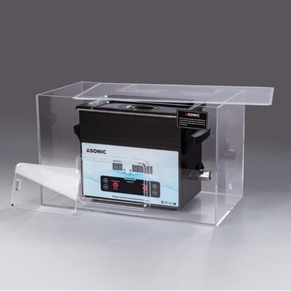 ASONIC-MED-50-40khz-silentbox-scaled Open silent box displaying a 5L ASONIC ultrasonic cleaner designed for quieter professional cleaning.