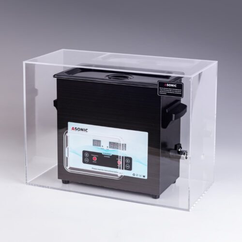 ASONIC 7L ultrasonic cleaner placed inside a silent box to reduce sound during ultrasonic operation.