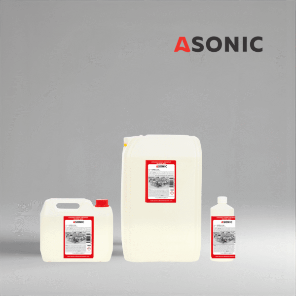 ASONIC AS-METAL detergent in 1L, 5L, and 25L canisters for cleaning steel and industrial metal parts.