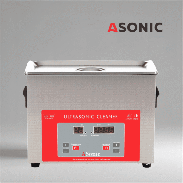 ASONIC PRO 5L nerūsējošā tērauda ultraskaņas tīrītājs ar slēgtu vāku precīzai tīrīšanai.