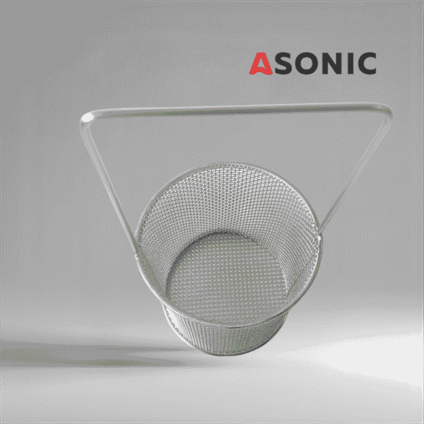 „ASONIC inox apaļais grozs Ø75mm ar rokturi, ērts piederums ultraskaņas tīrītājiem, ideāli piemērots maziem priekšmetiem.