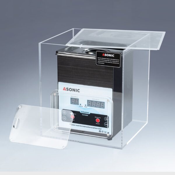 Atvērta klusā kaste, kurā redzams 2 litru ASONIC ultraskaņas tīrītājs, kas paredzēts trokšņa samazināšanai darbības laikā.