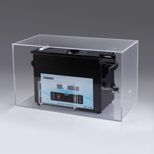 ASONIC 5L ultraskaņas tīrītājs klusā kastē ASONIC 5L ultraskaņas tīrīšanas iekārta, kas novietota klusā kastē, kas samazina troksni darbības laikā.
