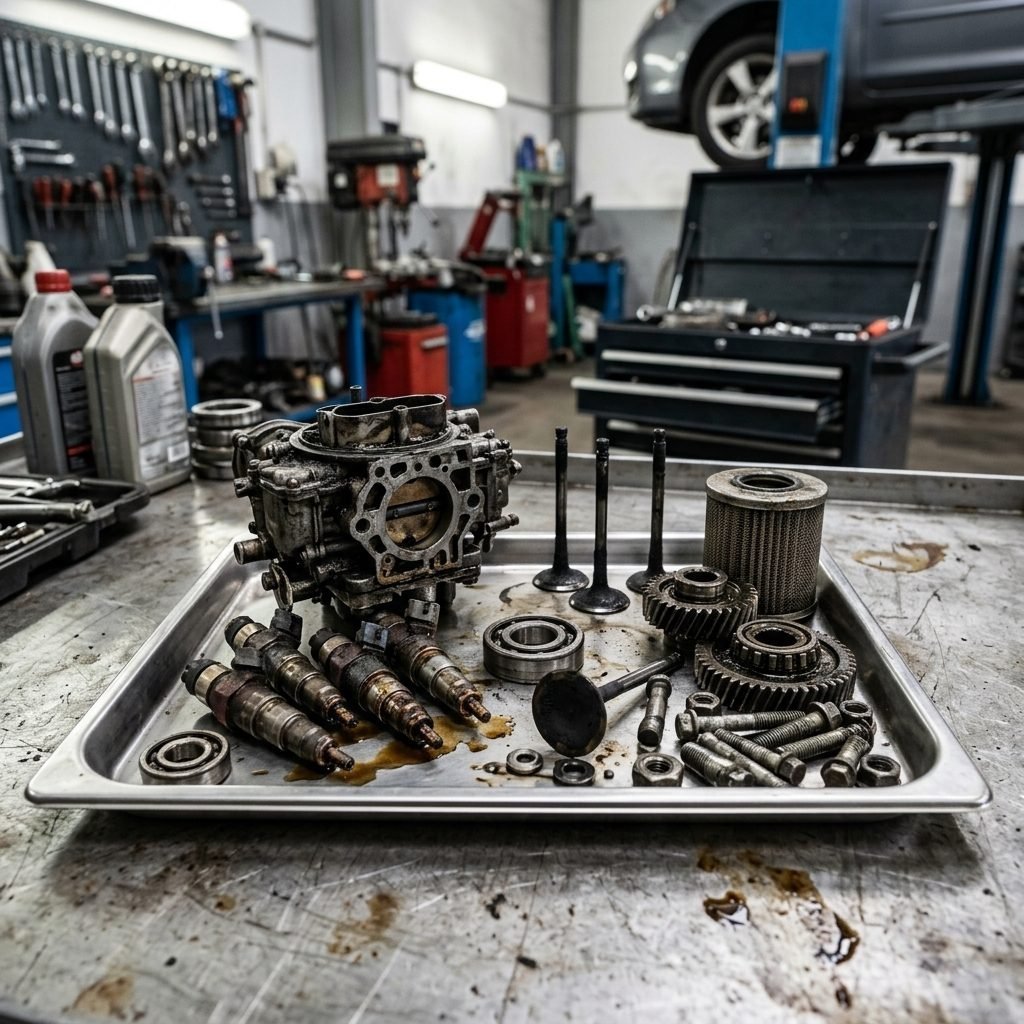 Dzinēja detaļas un karburators autoservisā, sagatavoti ultraskaņas tīrīšanai